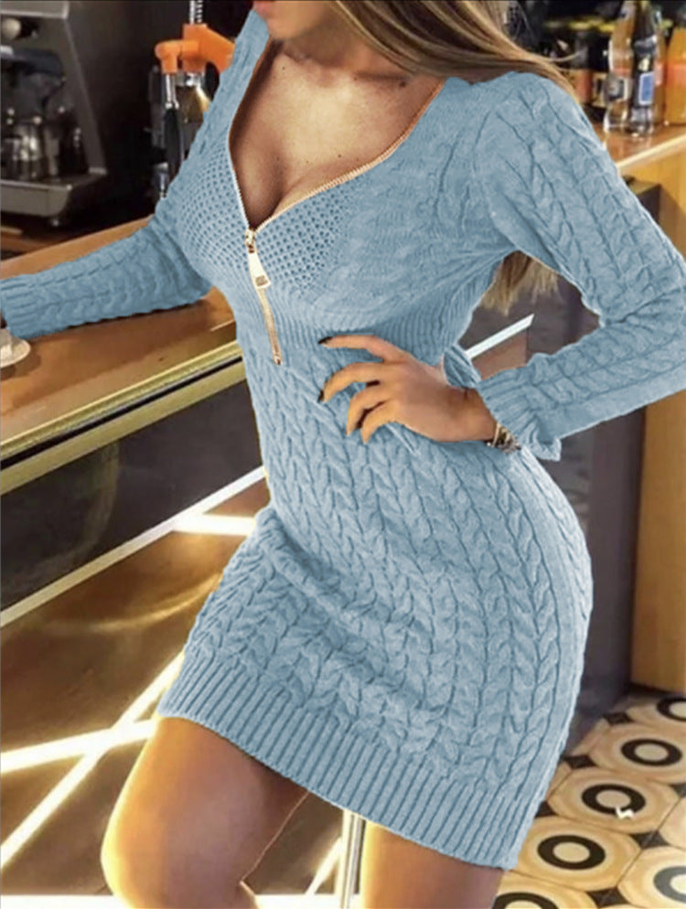 Damen Strickkleid Reißverschluss Zopfmuster Eveloria