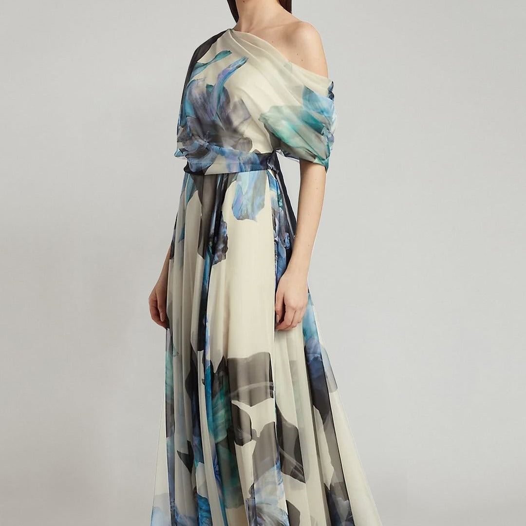 Damen Chiffon-Kleid Schulterfrei Floralmuster Eveloria - Eveloria