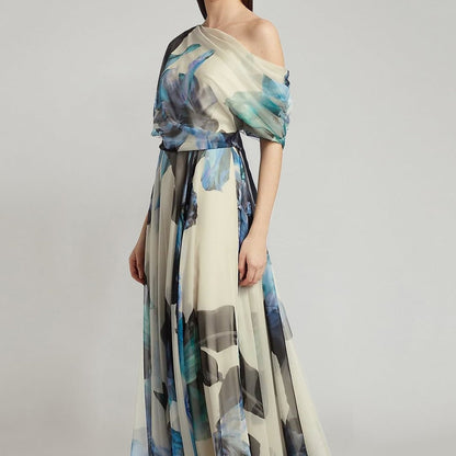 Damen Chiffon-Kleid Schulterfrei Floralmuster Eveloria - Eveloria