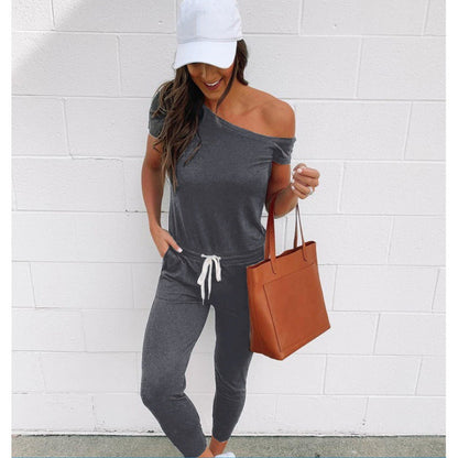 Damen Jumpsuit Asymmetrischer Ausschnitt Hohe Taille Eveloria