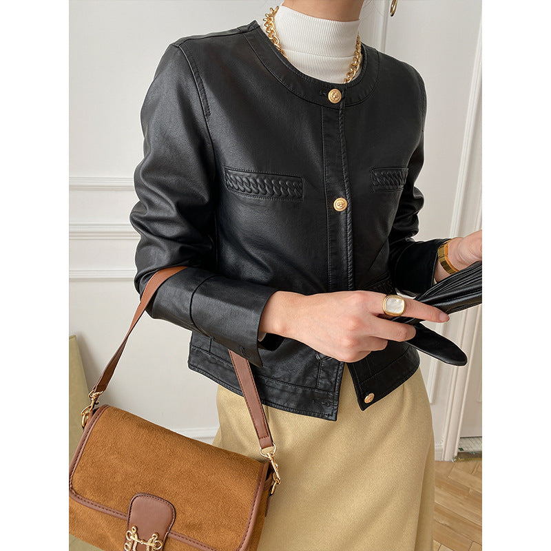 Damen Lederjacke Modern Dekorative Taschen Eleganter Schnitt Schwarz - Eveloria