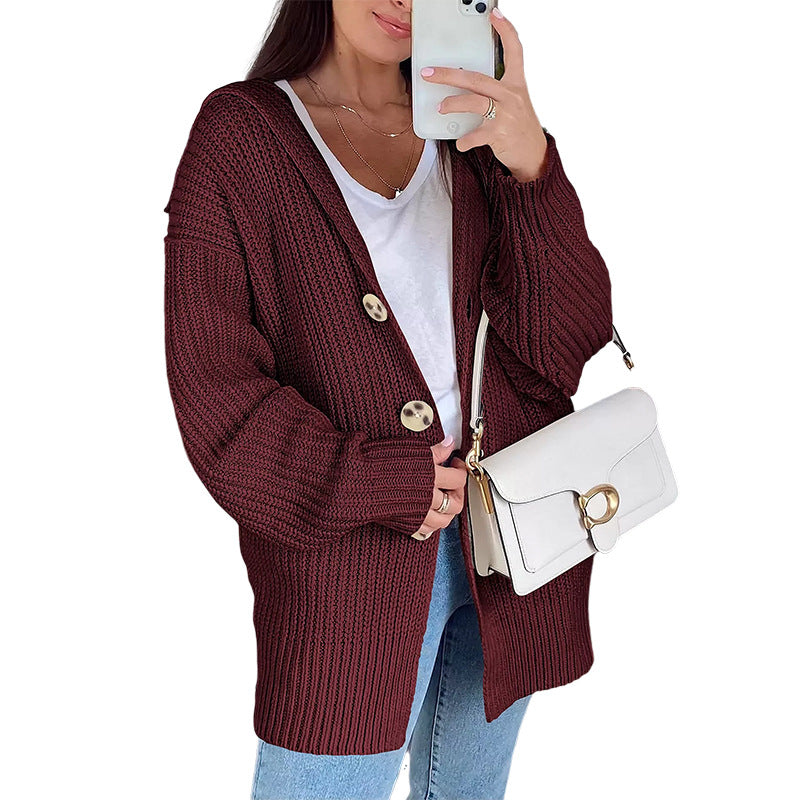 Damen Oversize Strickjacke Grobstrick Weich Holzknöpfe Beige