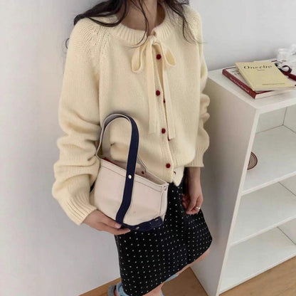 Damen Strickcardigan Leicht Mit Schleifenband Beige