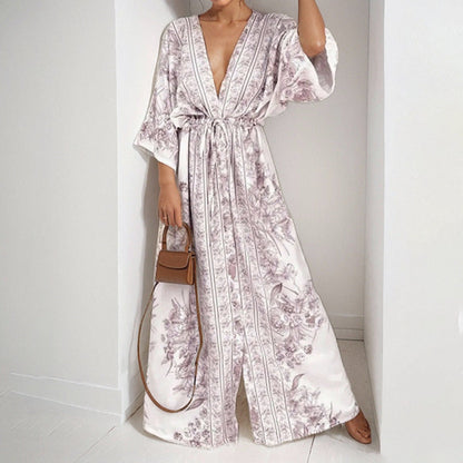 Damen Maxikleid Florales Design Weite Ärmel Eveloria