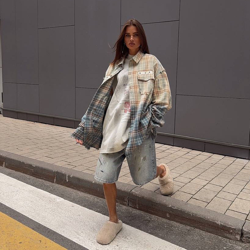 Damen Oversized Karohemdjacke mit Taschen - Eveloria