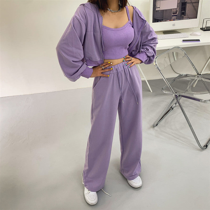 Damen Drei-Teiliges Set Cropped Hoodie Tanktop Weite Hose - Eveloria