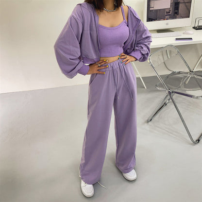 Damen Drei-Teiliges Set Cropped Hoodie Tanktop Weite Hose - Eveloria