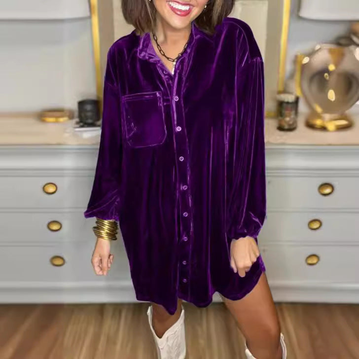 Damen Strandhemdkleid Weiches Samtstoff Kleid mit Knöpfen