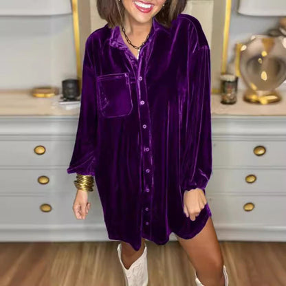 Damen Strandhemdkleid Weiches Samtstoff Kleid mit Knöpfen