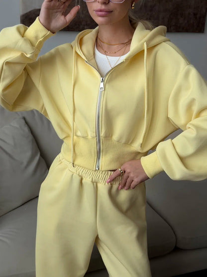 Damen Cropped Sweatoutfit mit Kapuze und Reißverschluss