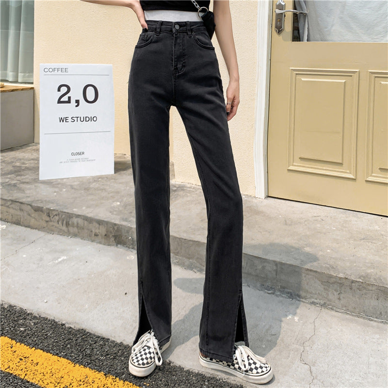 Damen Hochtaillierte Denimhose Seitenschlitze Blau Eveloria