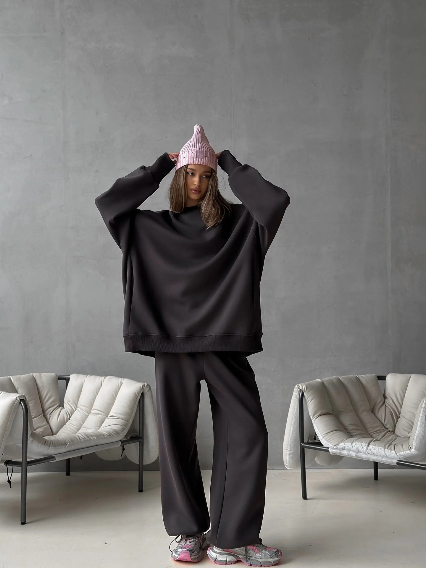 Damen Oversized Sweatshirt Jogginghose Set Grau Eveloria
