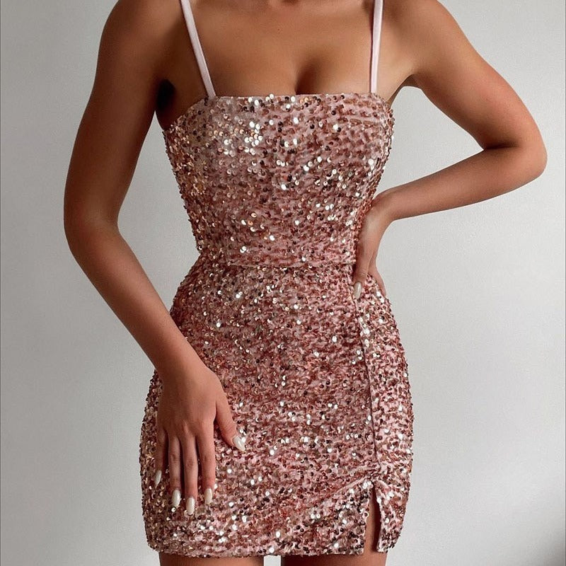 Damen Pailletten-Kleid mit Schlitzen und Spaghetti-Trägern Eveloria - Eveloria