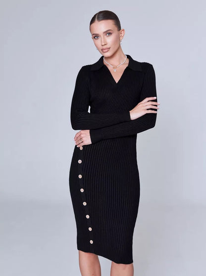 Damen Strickkleid Klassischer Kragen Knöpfe Beige