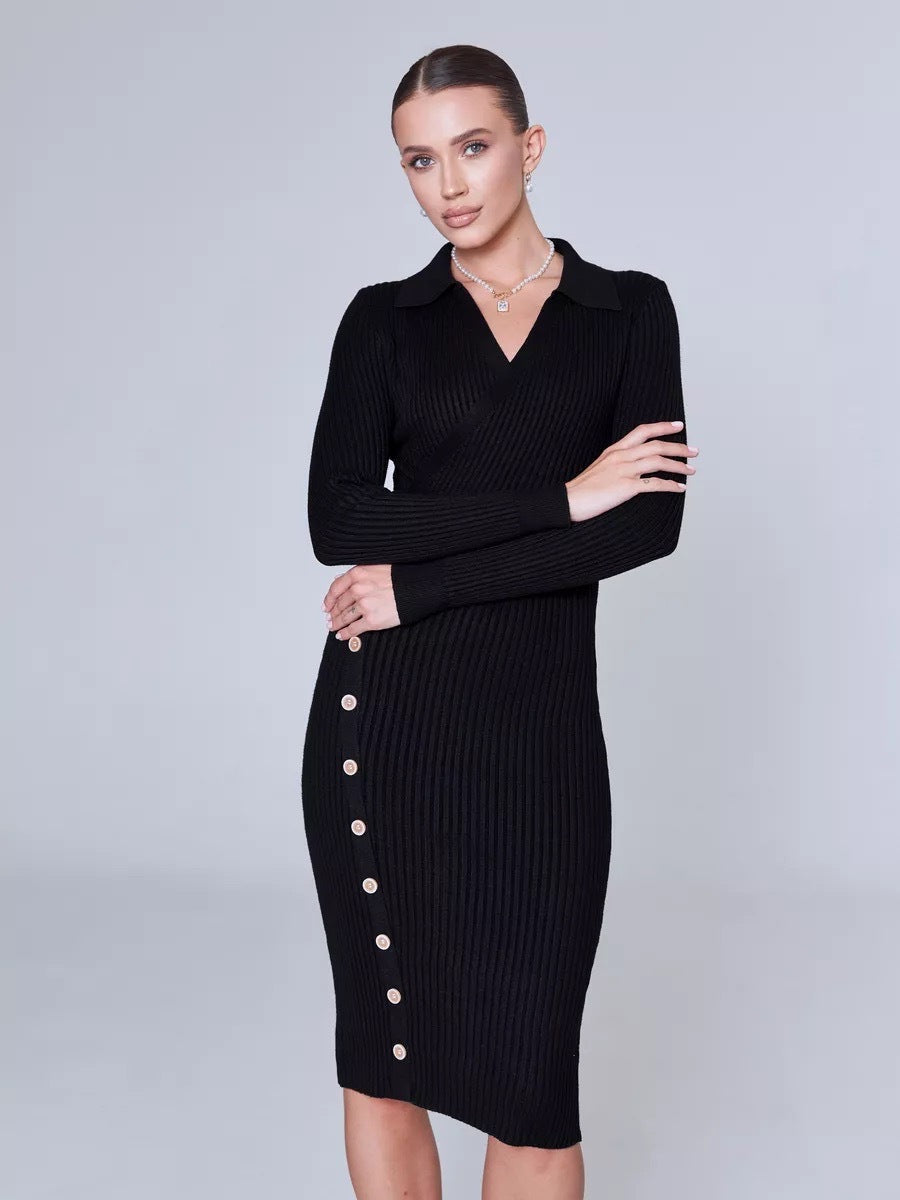 Damen Strickkleid mit Knöpfen V-Ausschnitt Elegantes Design