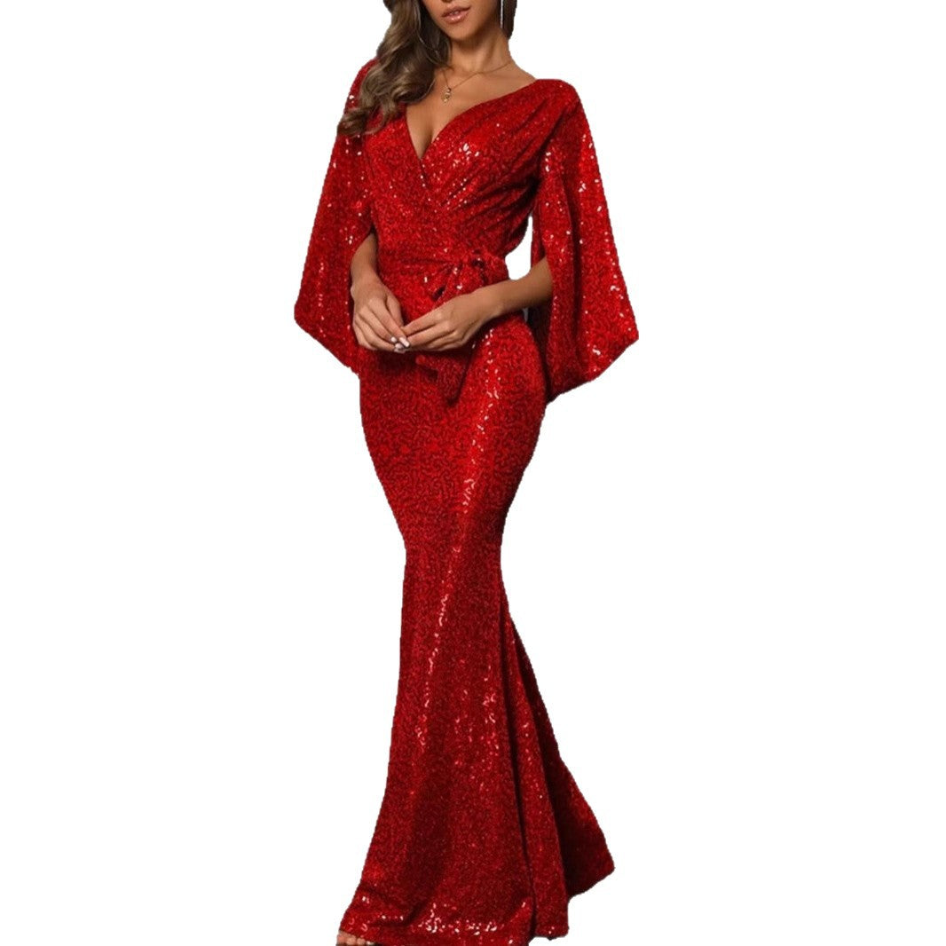 Damen Abendkleid Pailletten V-Ausschnitt Eveloria