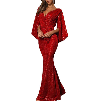 Damen Abendkleid Pailletten V-Ausschnitt Eveloria