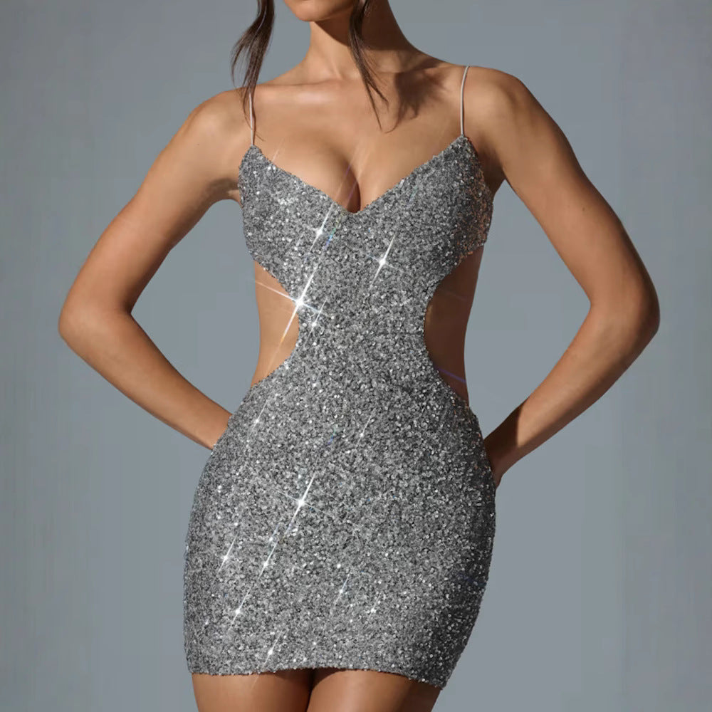 Damen Minikleid mit Pailletten und Spaghettiträgern Glitzernd
