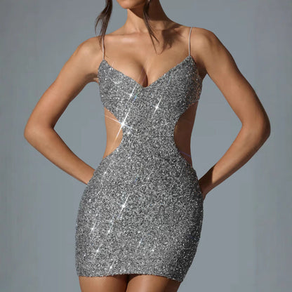 Damen Minikleid mit Pailletten und Spaghettiträgern Glitzernd