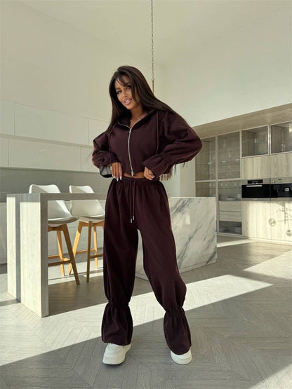 Damen Zwei-Teiler-Set Cropped Kapuzenpullover Weite Hose Eveloria