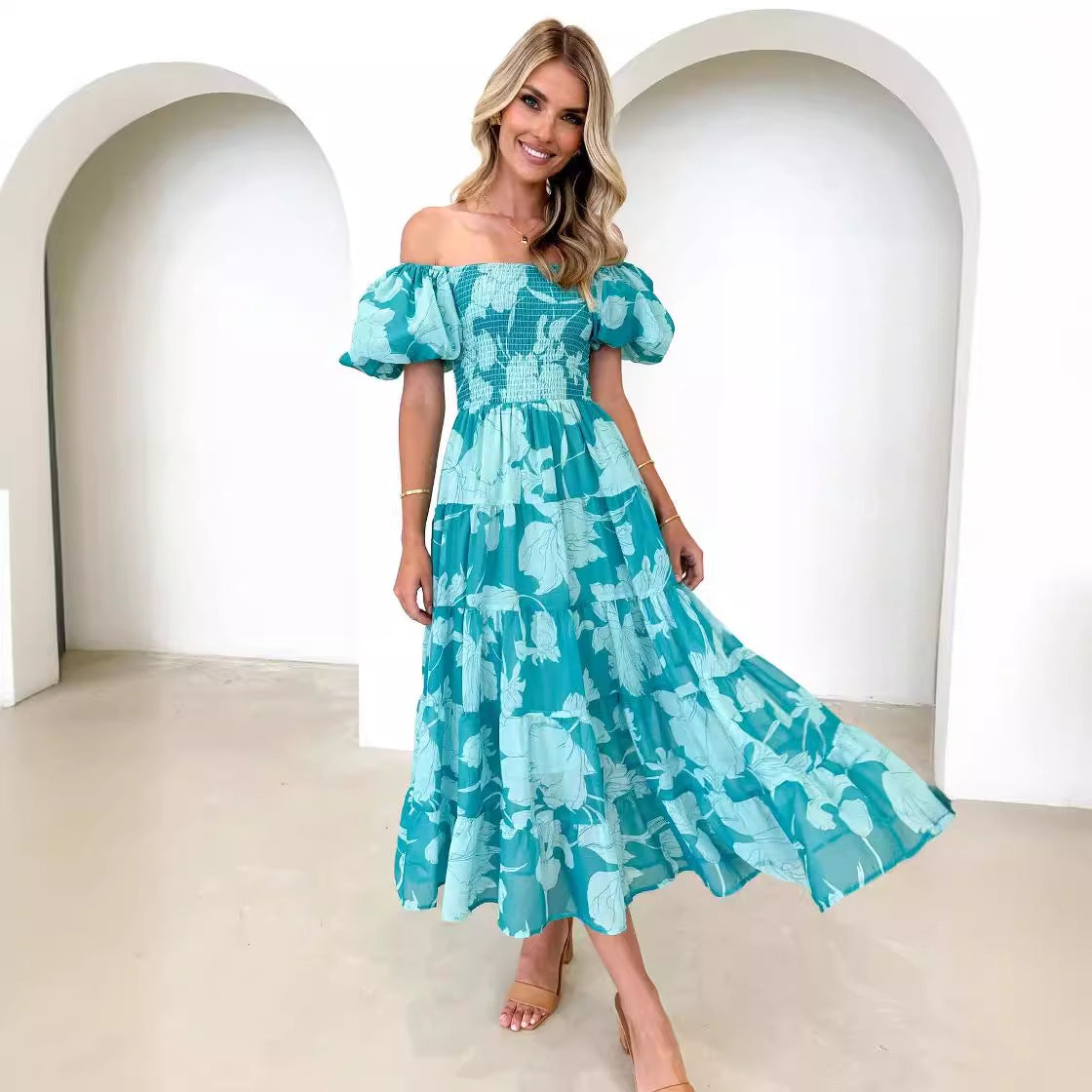 Damen Maxikleid Puffärmel Floralmuster Eveloria