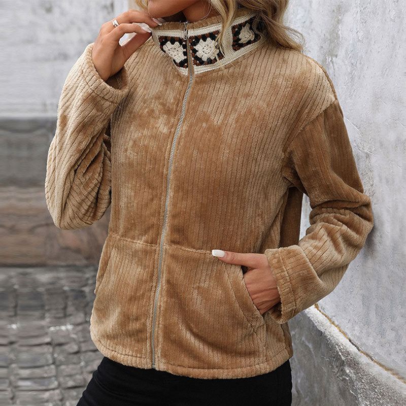Damen Freizeitjacke Flausch Reißverschluss Beige - Eveloria