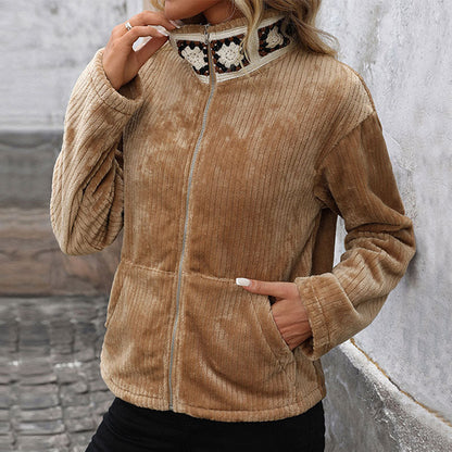 Damen Freizeitjacke Flausch Reißverschluss Beige - Eveloria