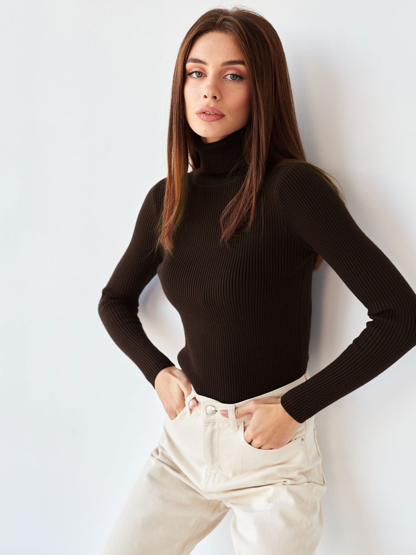 Damen Pullover Lang Hohler Kragen Feine Rippenstruktur Beige