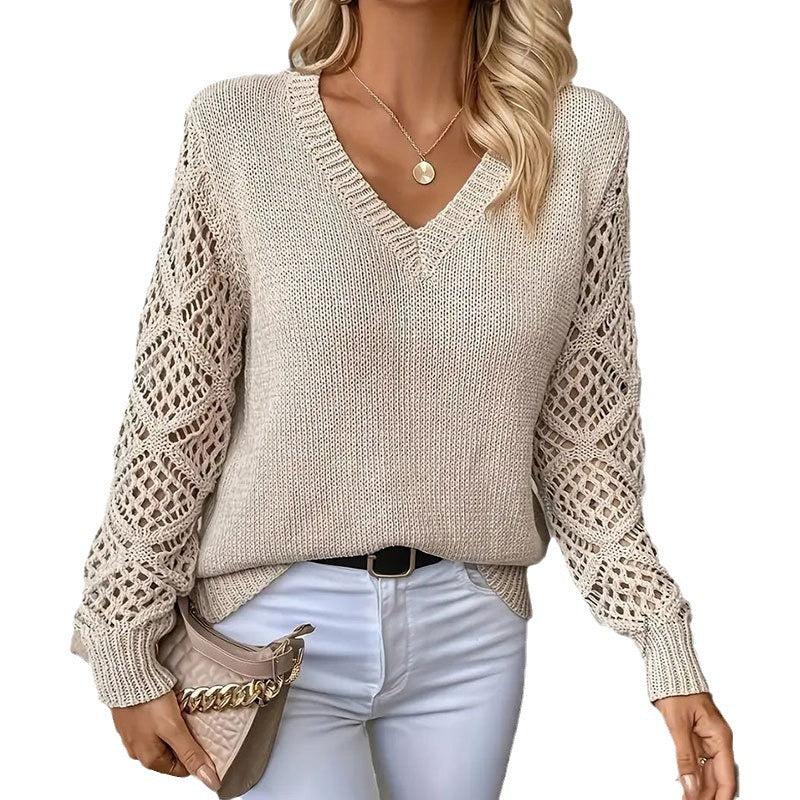 Damen Strickpullover V-Ausschnitt Lochmuster Eveloria