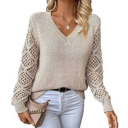 Damen Strickpullover V-Ausschnitt Lochmuster Eveloria