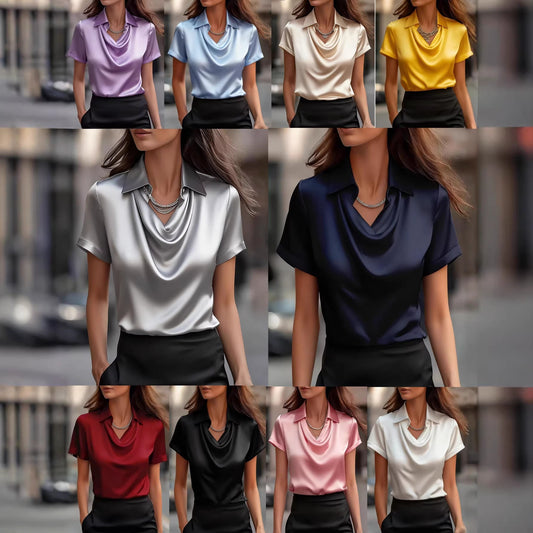 Damen Satinbluse Weich Eleganter Kragen Schwarz Eveloria - Eveloria
