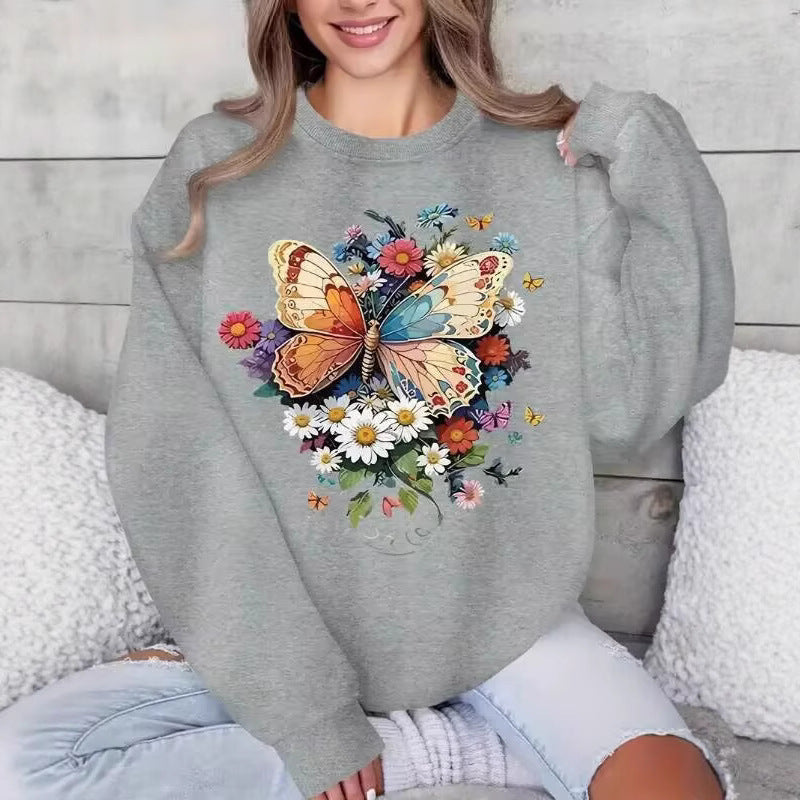 Damen Langarm Sweatshirt Floralmuster Schmetterling Druck Eveloria