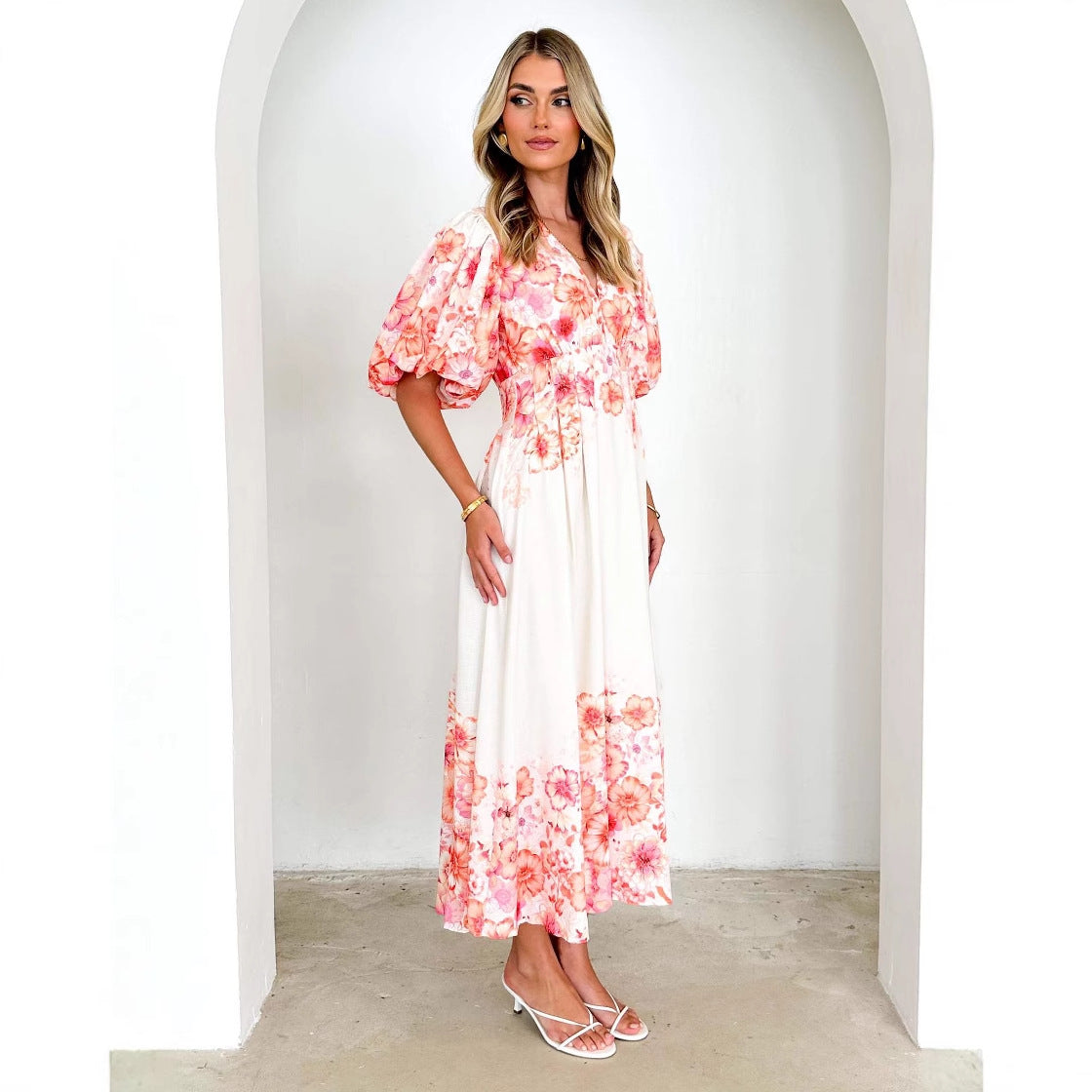 Damen Maxikleid Voluminöse Puffärmel Florales Design