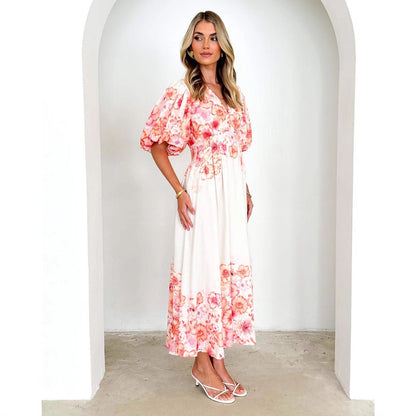 Damen Maxikleid Voluminöse Puffärmel Florales Design