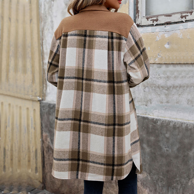 Damen Karierte Langarmjacke Baumwolle Moderner Schnitt weiß
