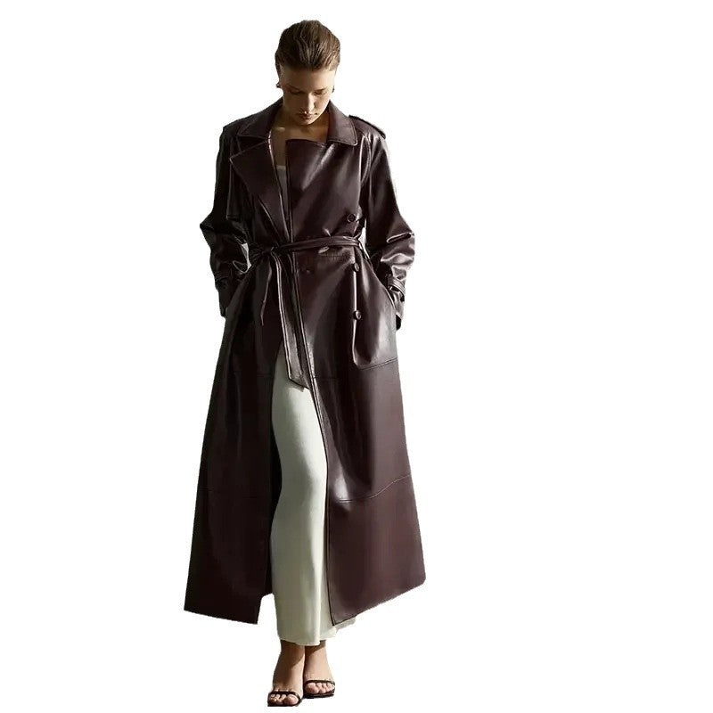 Damen Kunstleder-Trenchcoat mit Gürtel Eveloria