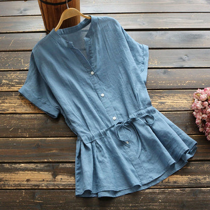 Damen Tunika Button-Up Kurzärmelig Tailliert Beige