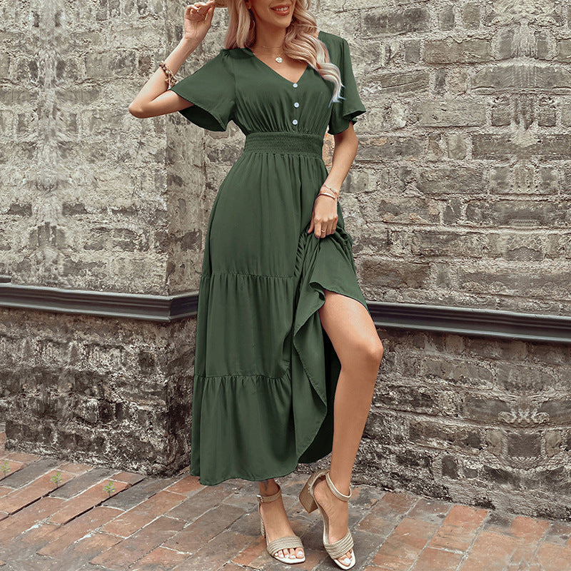 Damen Maxikleid Rüschendetails Taillengürtel Eveloria