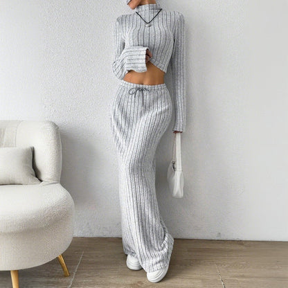 Damen Langarm Crop- und Maxi-Rock Set Rippstruktur Eveloria