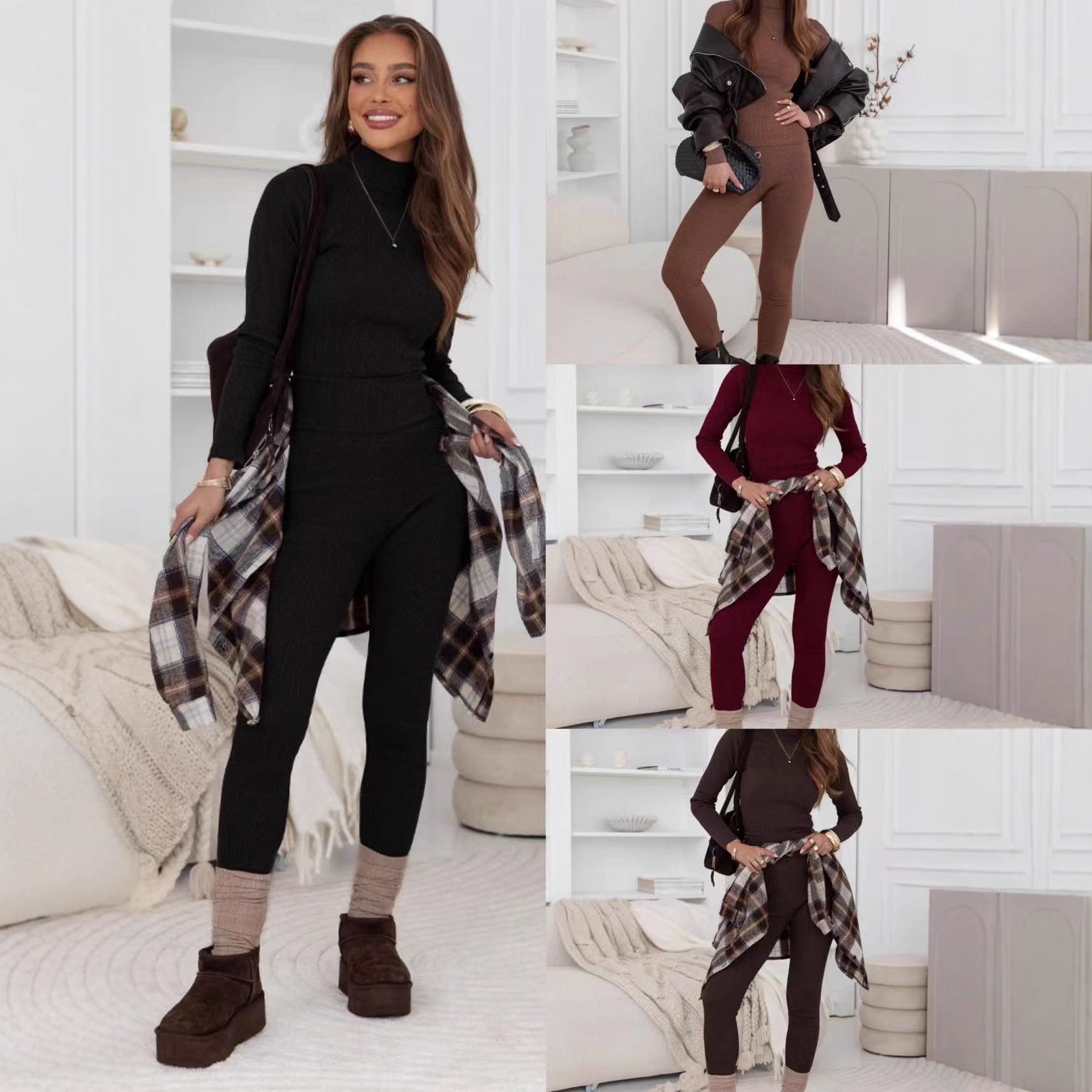 Damen Leggings-Set Hochgeschlossenes Oberteil Rippstruktur - Eveloria