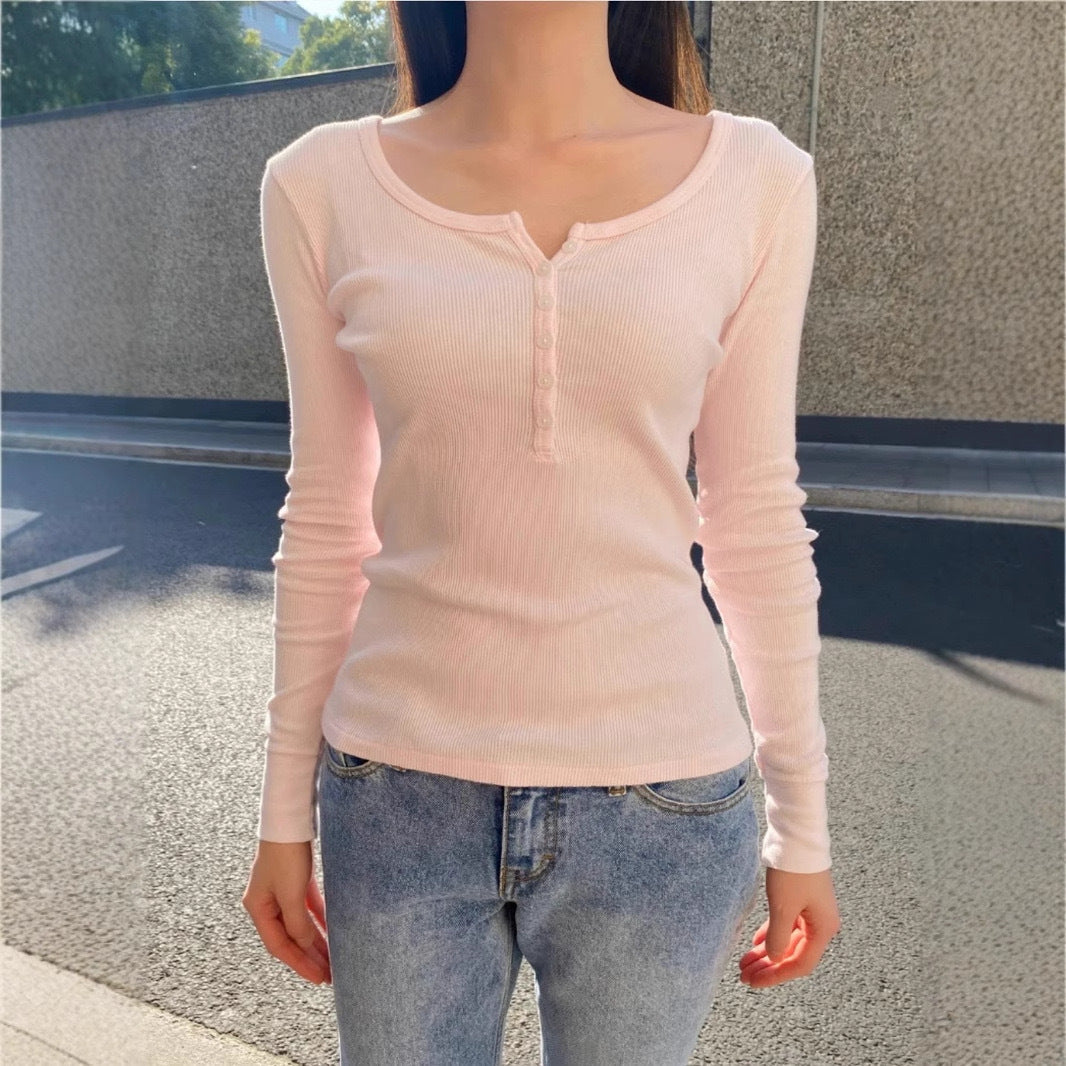 Damen Langarmshirt Rippstruktur Knopfleiste Fein Eveloria - Eveloria
