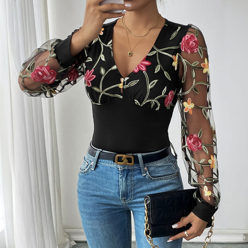 Damen Body mit Puffärmeln und V-Ausschnitt Bestickt Transparent