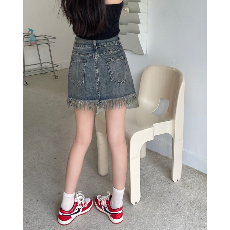 Damen Denim Shorts Fransiger Saum Hochbund