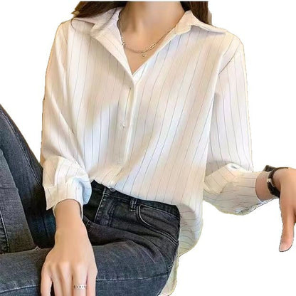 Damen Bluse Streifenmuster Umlegekragen Eveloria