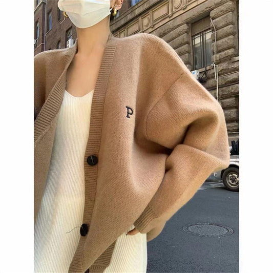 Damen Oversized Cardigan Hochwertig V-Ausschnitt Beige - Eveloria