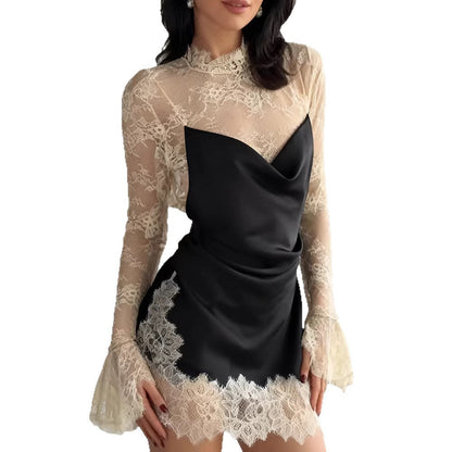 Damen Abendkleid Chiffon mit Spitzendetails und schwingenden Ärmeln