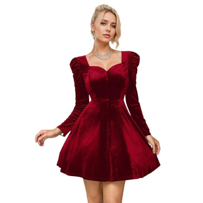 Damen Minikleid Velours Herz-Ausschnitt Länge Knie