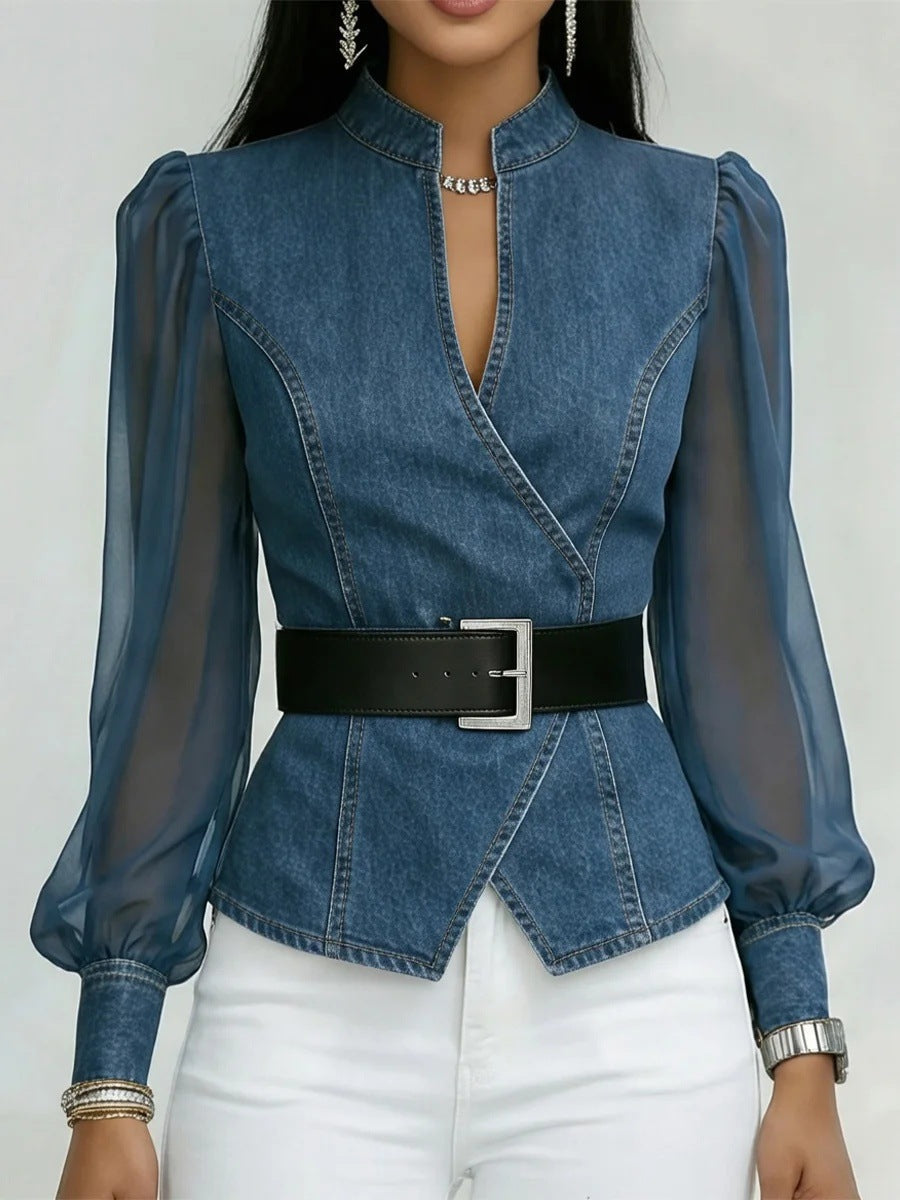 Damen Jeansbluse Tailliert Transparente Ärmel Blau