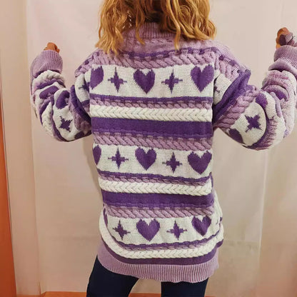 Damen Pullover Herzförmiges Muster Breite Streifen Grobgestrickt