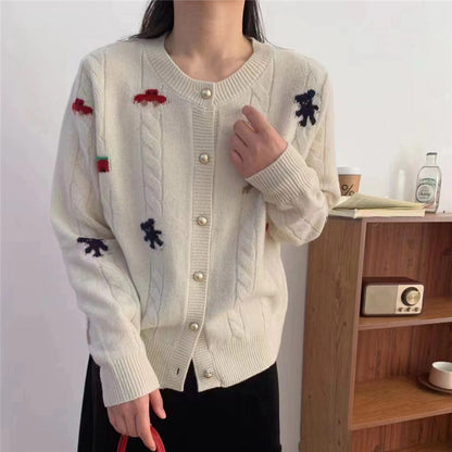 Damen Strickjacke Bunt Motiv Dekorative Knöpfe